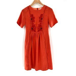 Roolee Orange Midi Dress with Floral Embroidery